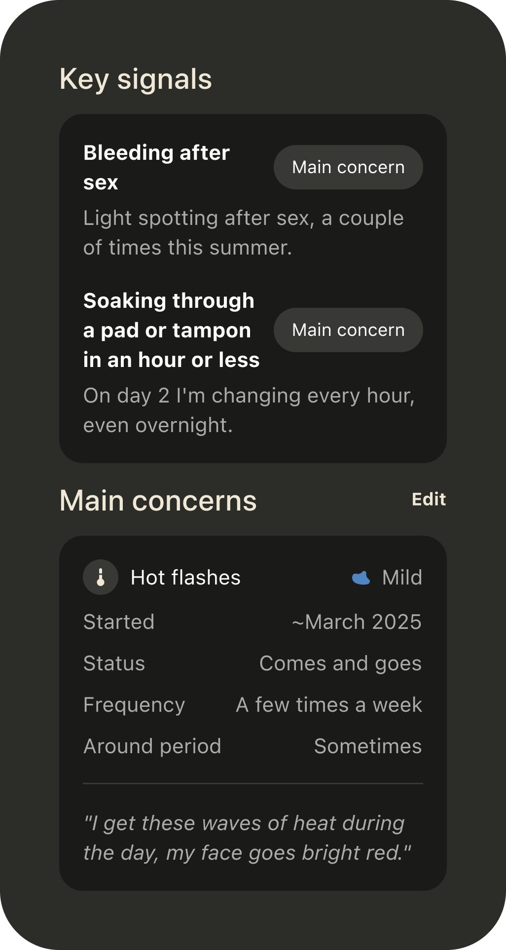 The Key signals and Main concerns sections of a Kyha Health Report, showing bleeding after sex and hot flashes with when they started and how often they happen