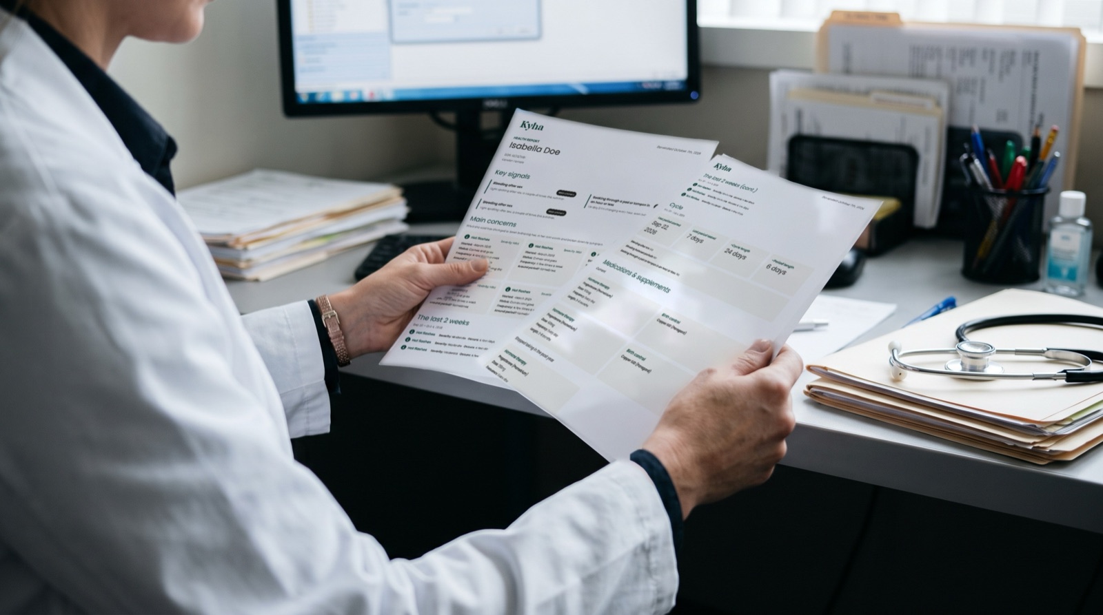A doctor at her desk reading a printed two-page Kyha Health Report