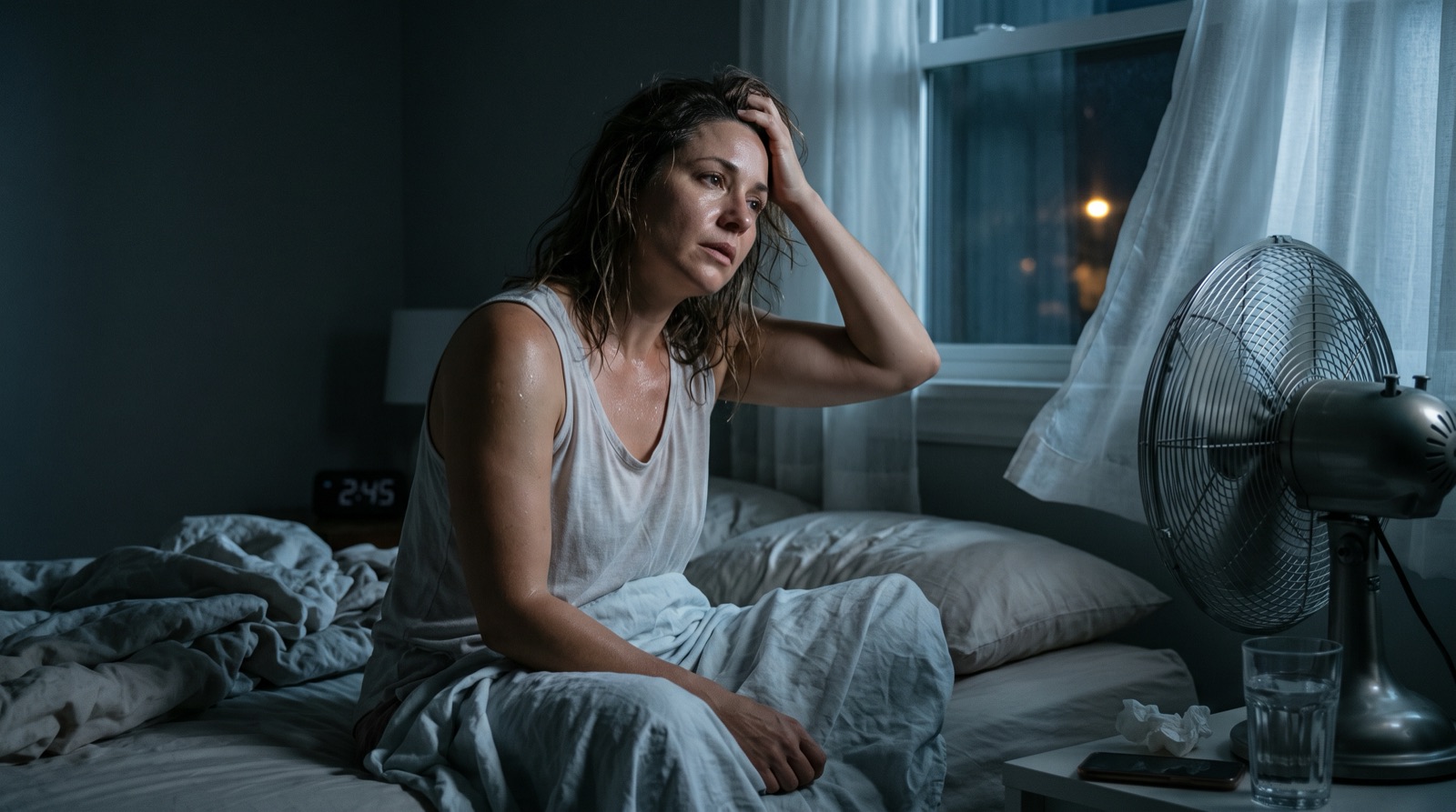 A woman sitting up in bed at night, damp with sweat, in front of a fan, with the clock reading 2:45